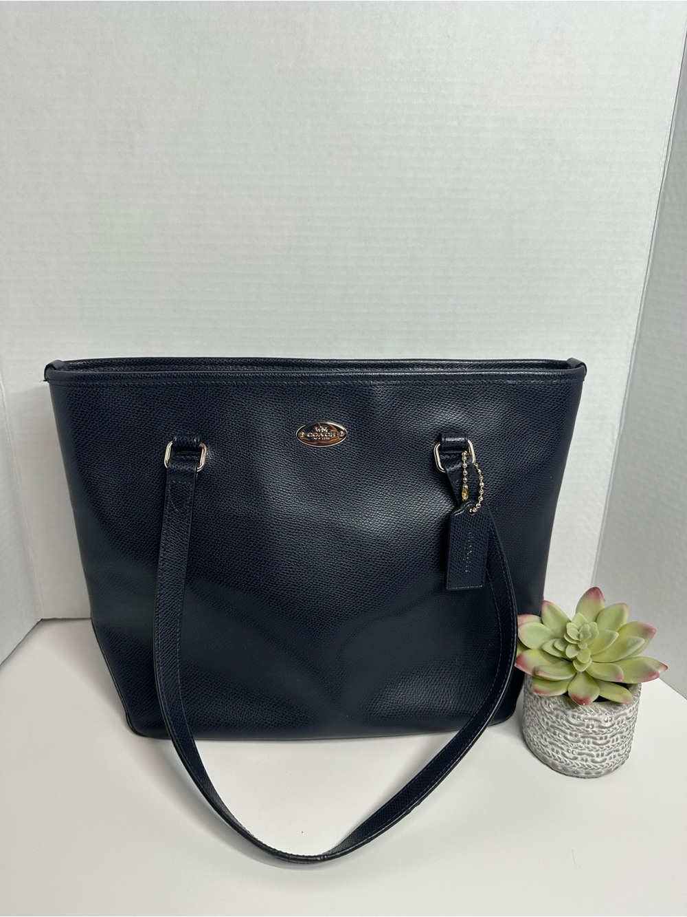 Coach Navy Pebbled Leather Tote with Tag and Gold Accent